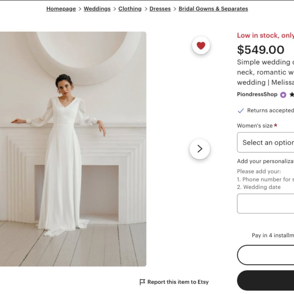 Wedding Dress - Brand New! Long Sleeve, Button-Down Back, V-Neck